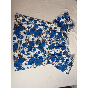 Womens Blue Rose Floral Off The Shoulder Ruffle Blouse Small White Summer Top